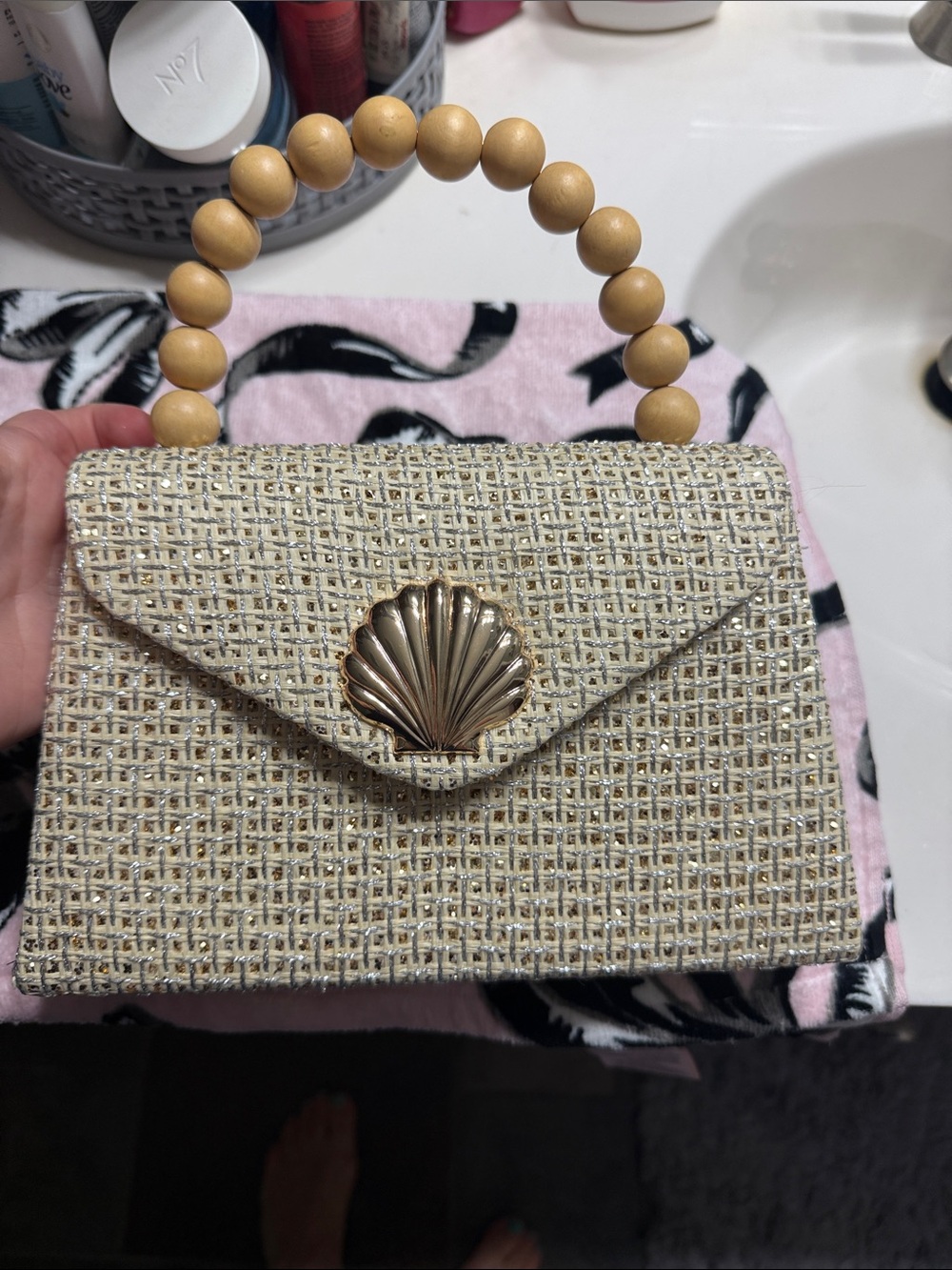Tommy Bahama Cream Woven Mini Top-Handle Bag with Shell Clasp